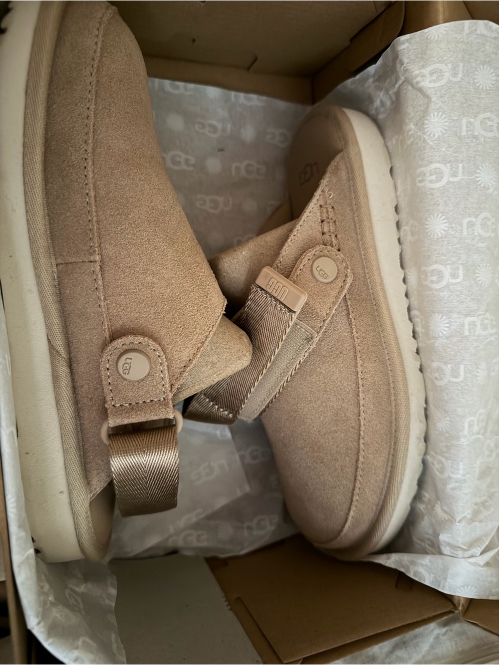 UGG Kids Tan Suede Slip-On Slippers with Elastic Strap